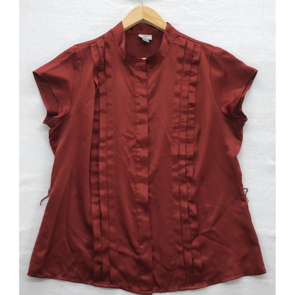 Worthington Women Blouse Size XL Rust Red Short Sleeve Buttons Satin Mock Neck